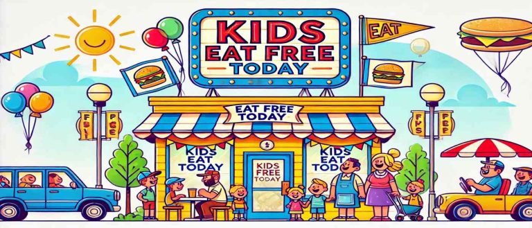 Kids eat free today near me - restaurant with kids and parents and large KIDS EAT FREE TODAY sign